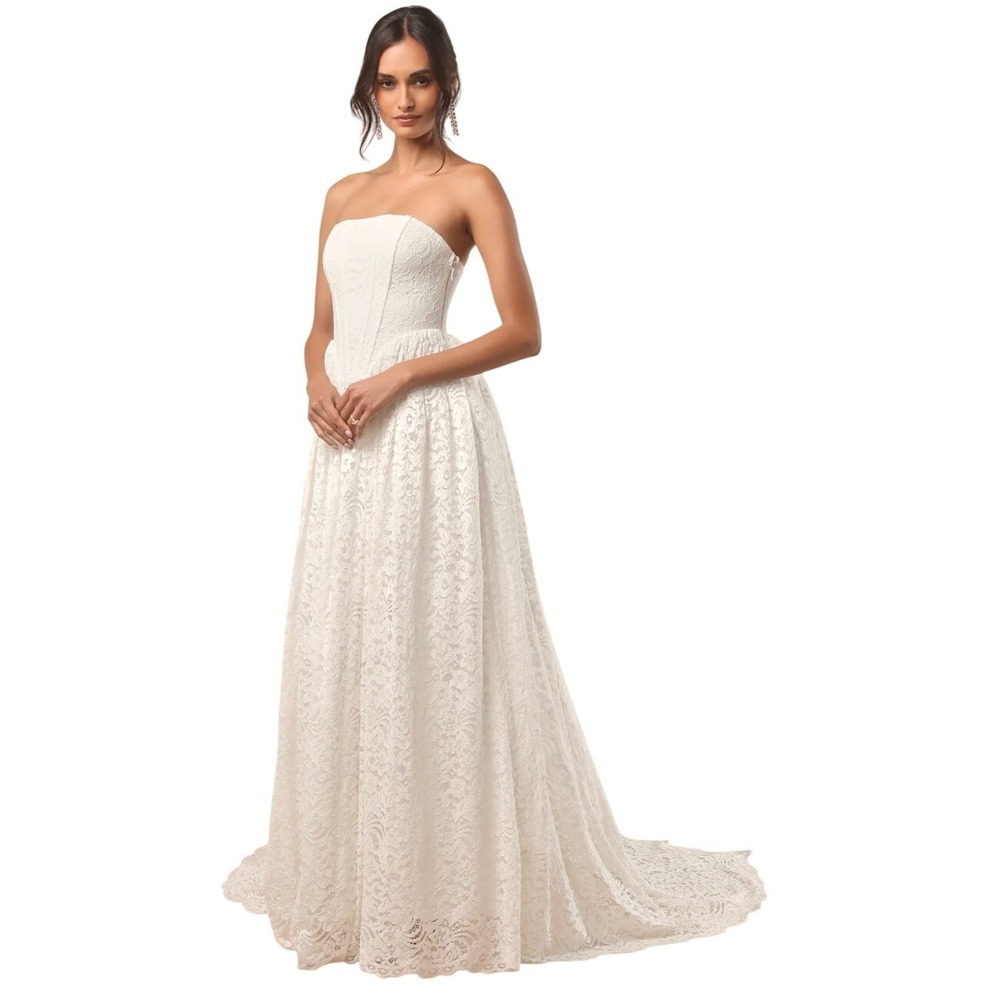 Lulus Shiori White Lace Bustier Basque Waist Strapless Maxi Dress S Wedding - Picture 1 of 14